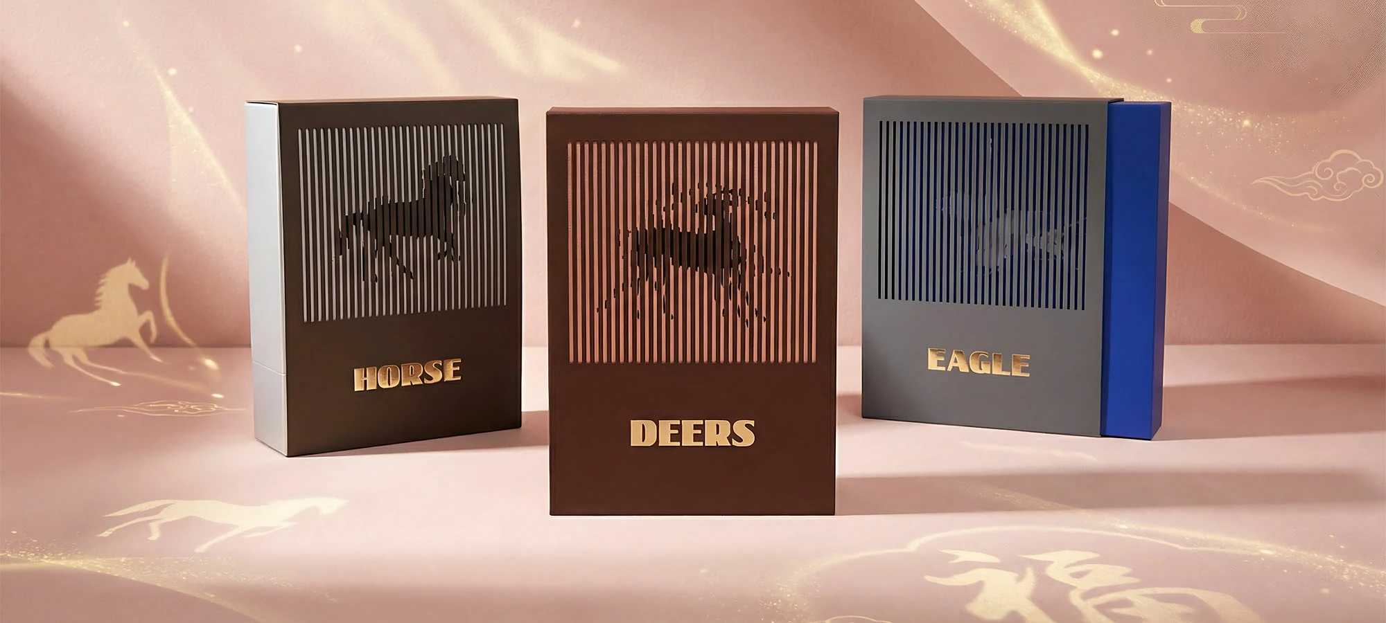 Three premium perfume boxes with horse, deer and eagle motifs