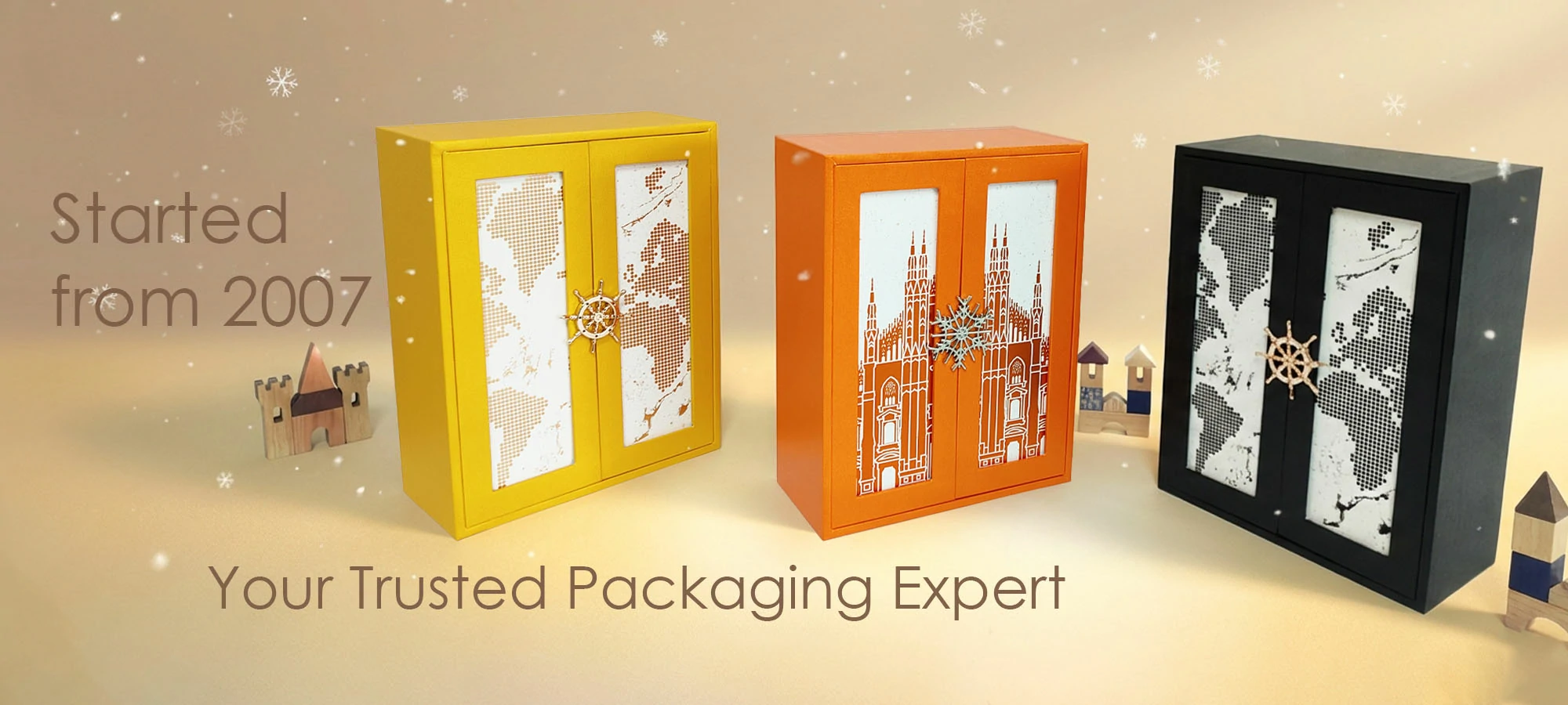 Three double-door presentation boxes from a packaging specialist established in 2007