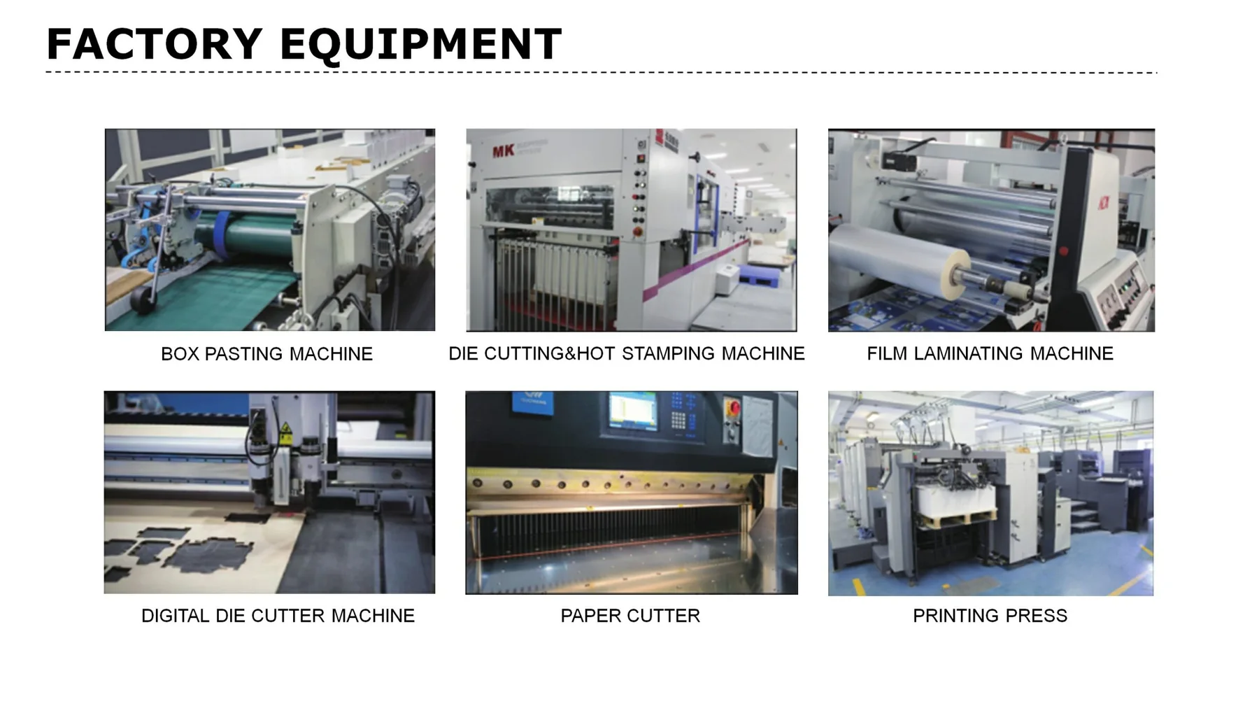 Factory equipment sheet showing box pasting, die cutting, hot stamping, laminating, digital cutting, paper cutting and printing equipment