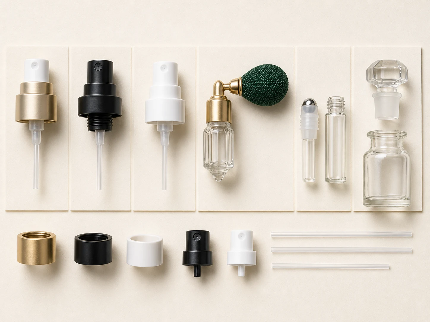 Reference arrangement of perfume pumps, collars, actuators, dip tubes, roll-on insert and bulb atomizer