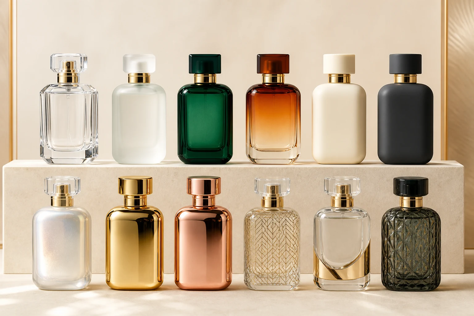 Reference collection of clear, frosted, coated, pearlescent, metallized and textured perfume bottles